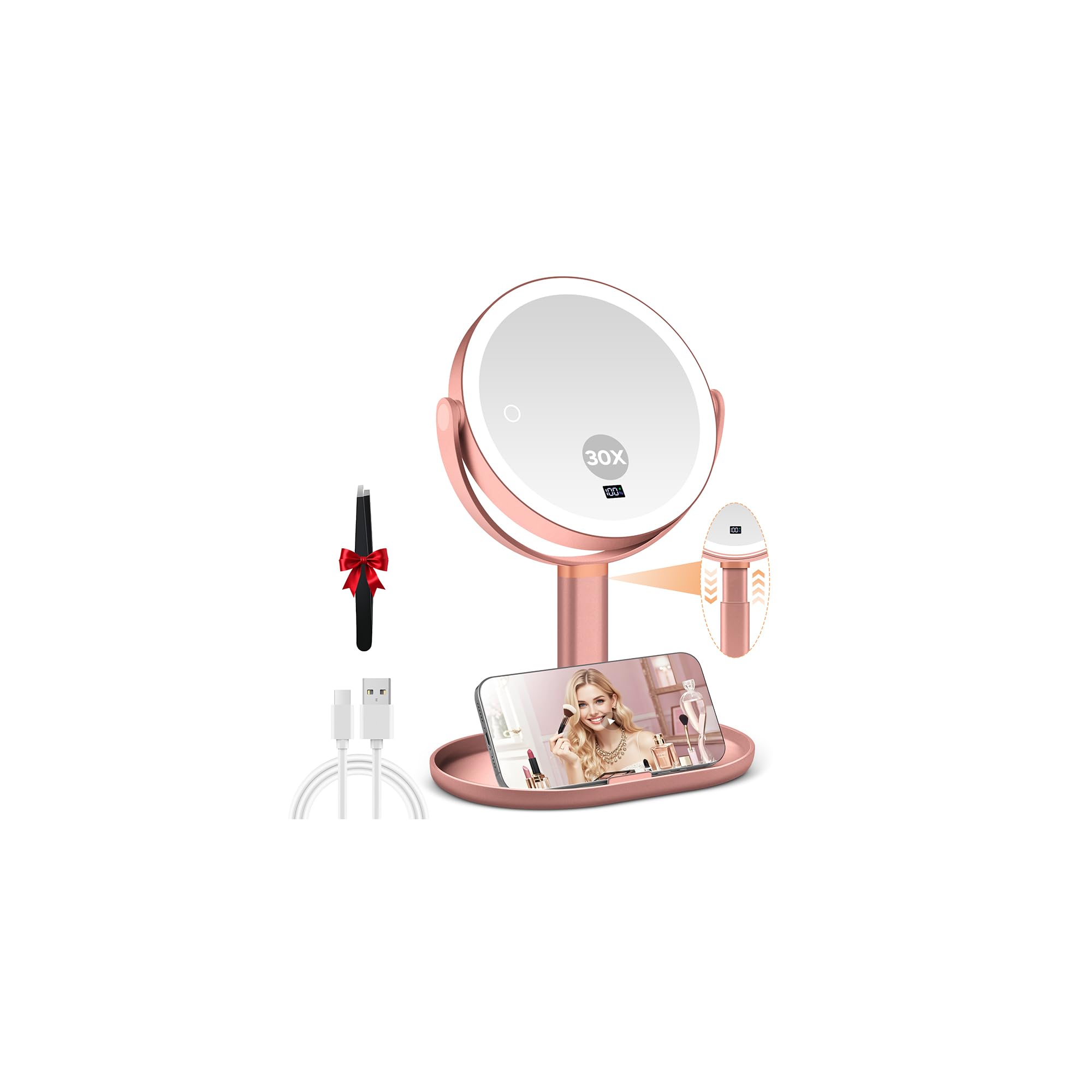 B Beauty Planet Magnifying Mirror with Light 30X/1X, Height Adjustable Makeup Mirror with 3 Color Lights, 360°Rotation and Detachable, with cell phone holders and tweezers, Rechargeable for Bathroom