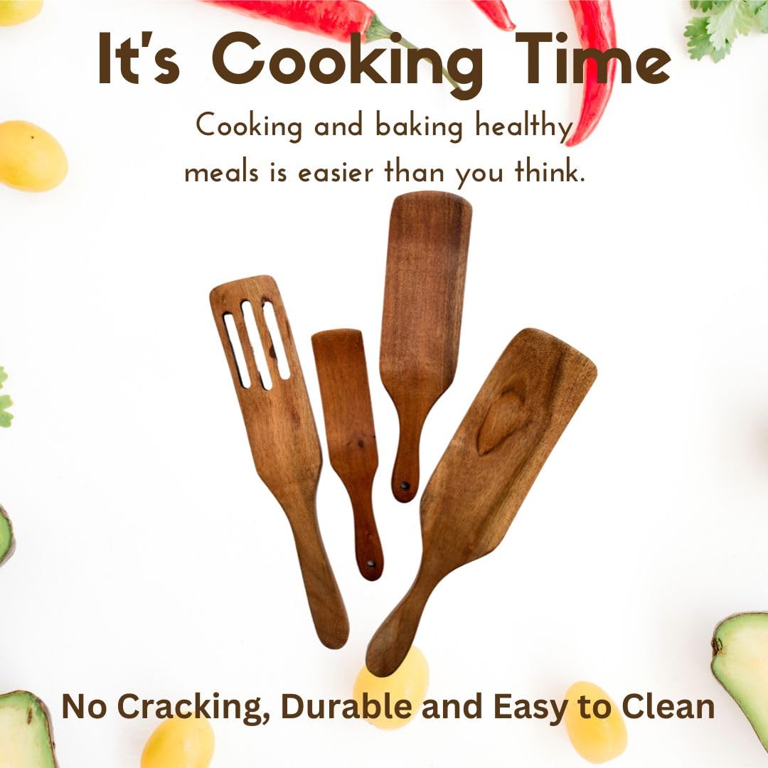 SHAFA IMPEX Spurtle Wooden Kitchen Utensil Set, Acacia Spurtle Kitchen Sets Non-Stick Wooden Cooking Utensils Wooden Spatula Slotted Spurtle Spatula Sets For Stirring (4-Piece)