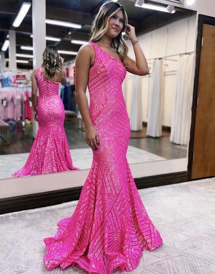 Sparkly Sequin Prom Dresses for Women One Shoulder Long Mermaid Tight Formal Evening Party Gowns3