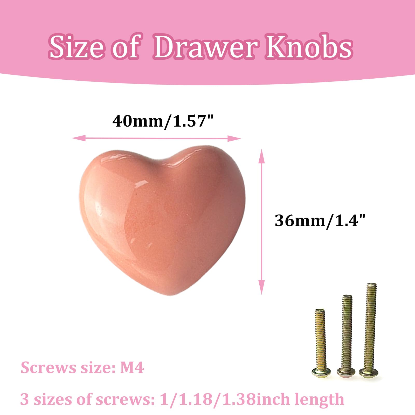Mimhooy 4 Pack Pink Ceramic Drawer Knobs Decorative Cabinet Knobs, Heart Shaped Cupboard Knobs, Knobs for Cupboards & Draws - Image 3