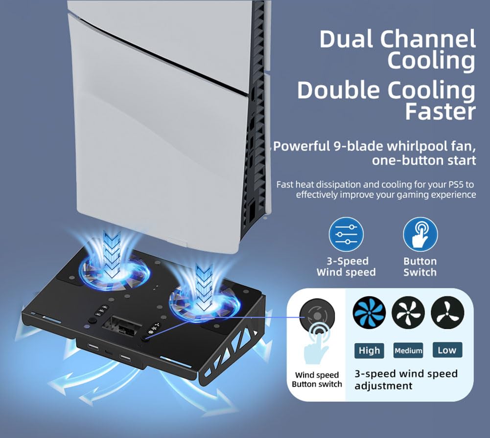 Soporte de pared para PS5/PS5 Slim/PS5 Pro, kit con ventilador de refrigeración y estación de carga, soporte flotante para PS5/PS5 Slim/Disc y consola digital/PS5 Pro, con soporte de pared