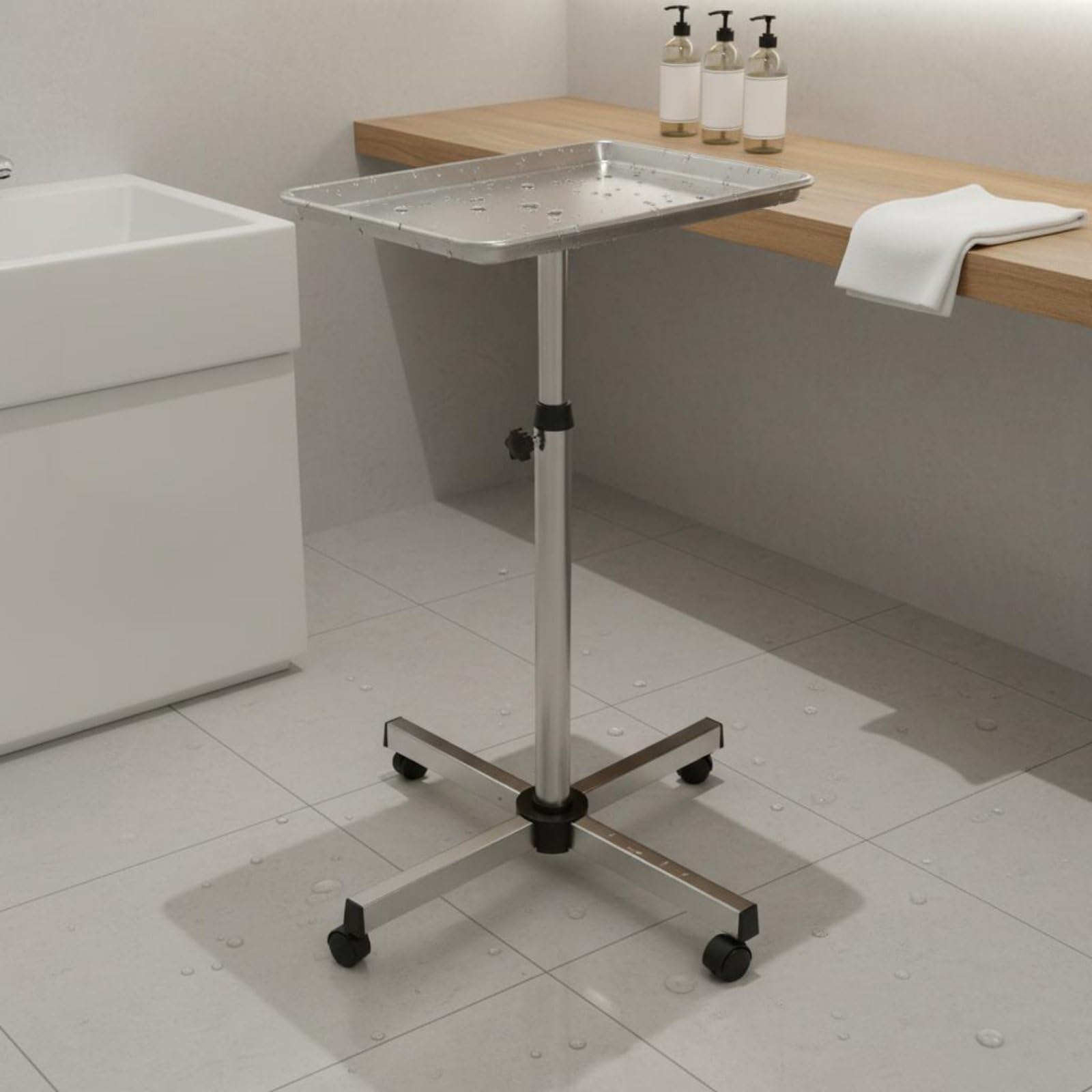 Gralara Plateau de Salon de Coiffure Chariot Trolley Support Tablette Colonne Réglable pour Posture Confortable Base Stable à roulettes Matériaux Alliage et, Argenté