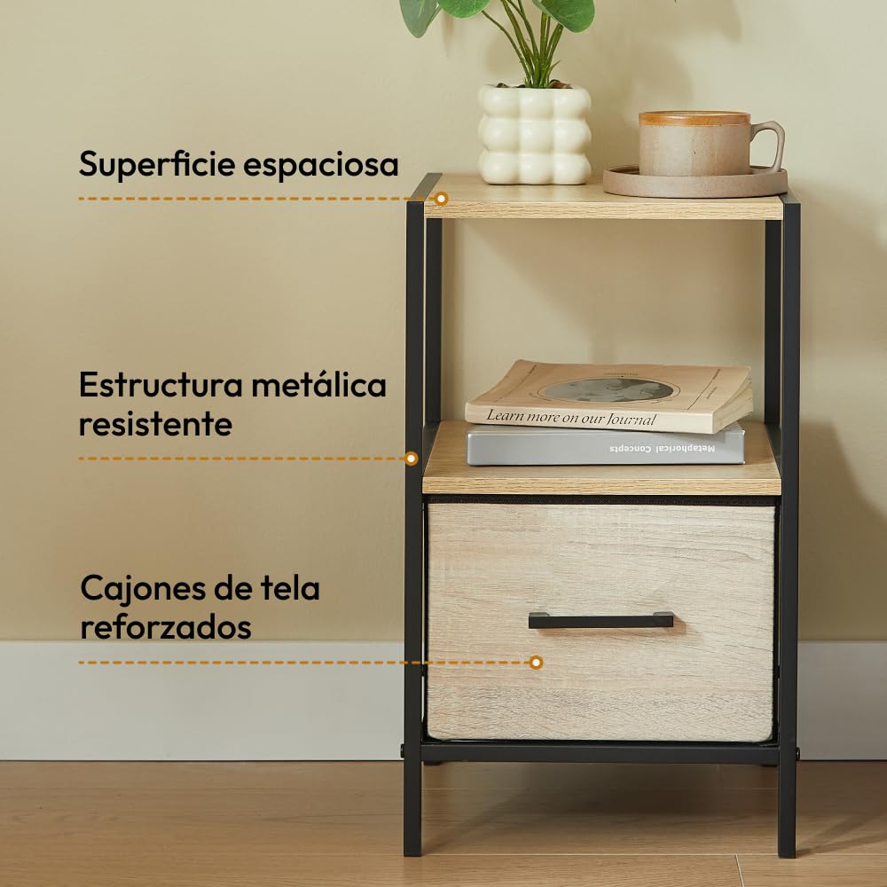 CASABEL Mesita de Noche con cajón de Tela rígida Efecto Madera, Tablero de Madera y Estructura metálica Negra 30x30x50 cm, mesilla de Noche para Dormitorio o Mesa Auxiliar de sofá