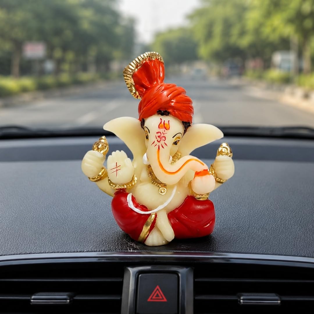 Gold Art India Polyresin Lord Ganesha Idol for Car Dashboard, Home, Office | Ganpati Statue for Mandir Decor | Handcrafted Ganesh Murti (2 x 2.5 inch, Red & Orange)-image-45