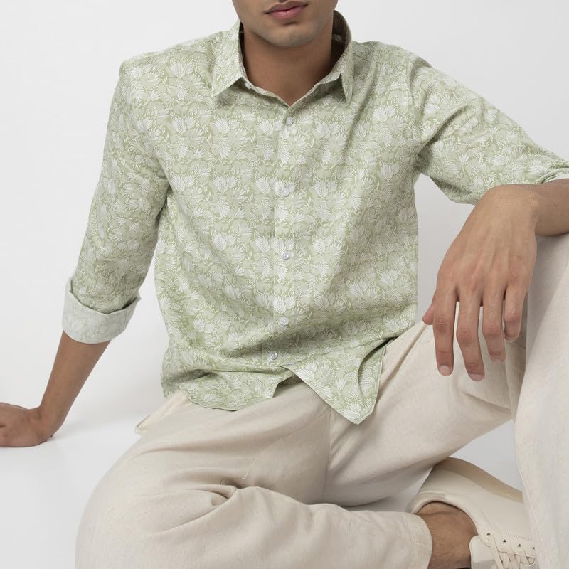Image of MARK & ALBERT Men's Printed Full Sleeves Regular Fit Shirt Blue | 100% Cotton Stretchable Fabric