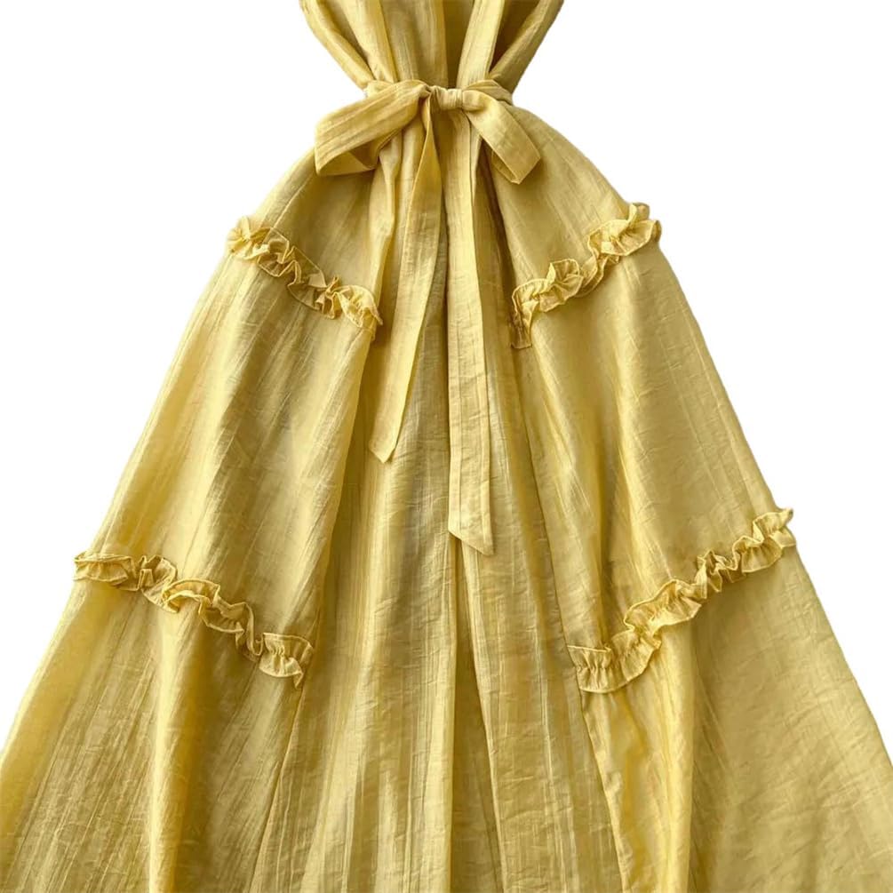 Women Stand Collar Sleeveless Dress Ruffles High Waist Lace Up Solid Color A-Line Boho Long Dress