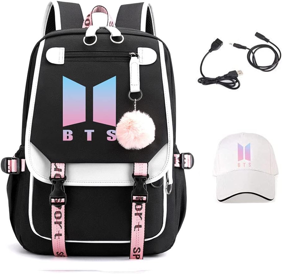 BTS Backpack, Girls Kpop School Bag Students Laptop Backpack for Kids Teenagers Bangtan Boys Fans Gift, Black, 11.8 x 8.26 x 17.7 Inches
