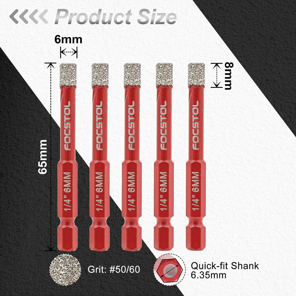 FOCSTOL Secco Punte Trapano Diamantate - 5 pezzi 6mm Kit Sega a Tazza Diamantata con Attacco Esagonale a Cambio Rapido per Gres Porcellanato Ceramica Granito Marmo