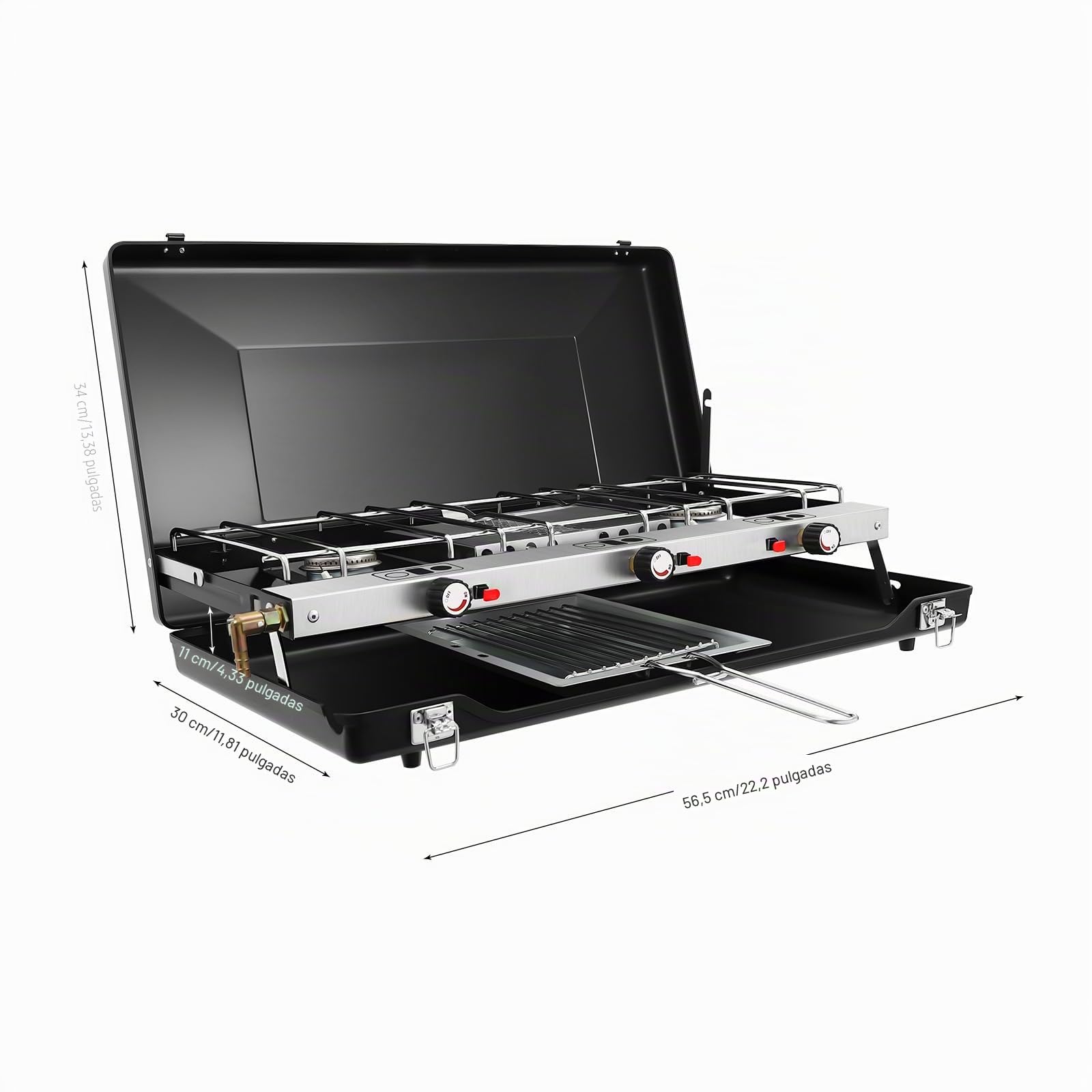 Hornillo de camping de 3 fuegos, 4,5 kW, plegable, portátil, con encendido piezoeléctrico, protección contra el viento, sin montaje para camping, picnic