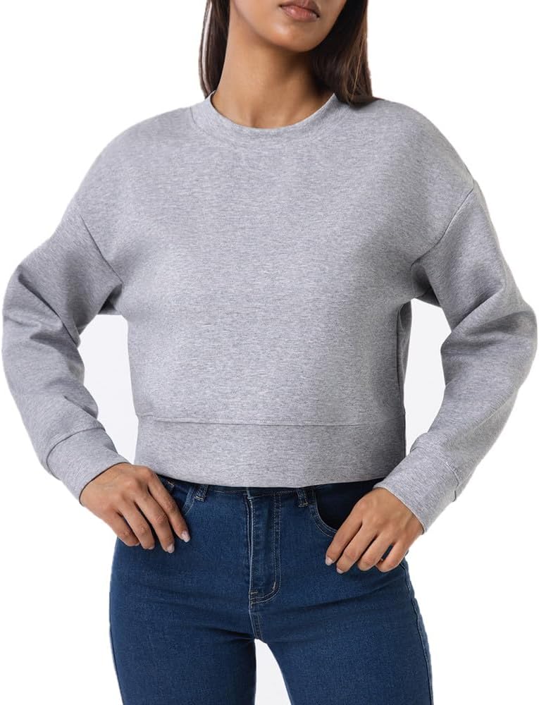 Ymoshoe Cropped Sweatshirts For Women Soft Crewneck Sweatshirt Long Sleeve Basic Fall Winter Tops 2025