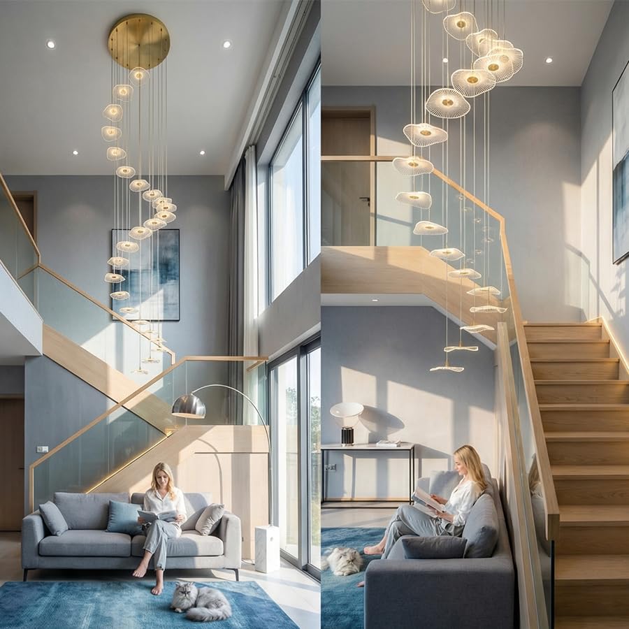 Image of ziidoo High Ceiling Chandelier - 24-Light Dimmable Modern Gold Long Spiral Luxury Linear Lotus Leaf Led Lamp Hanging Pendant Lights for Foyer Enterway Staircase Villas