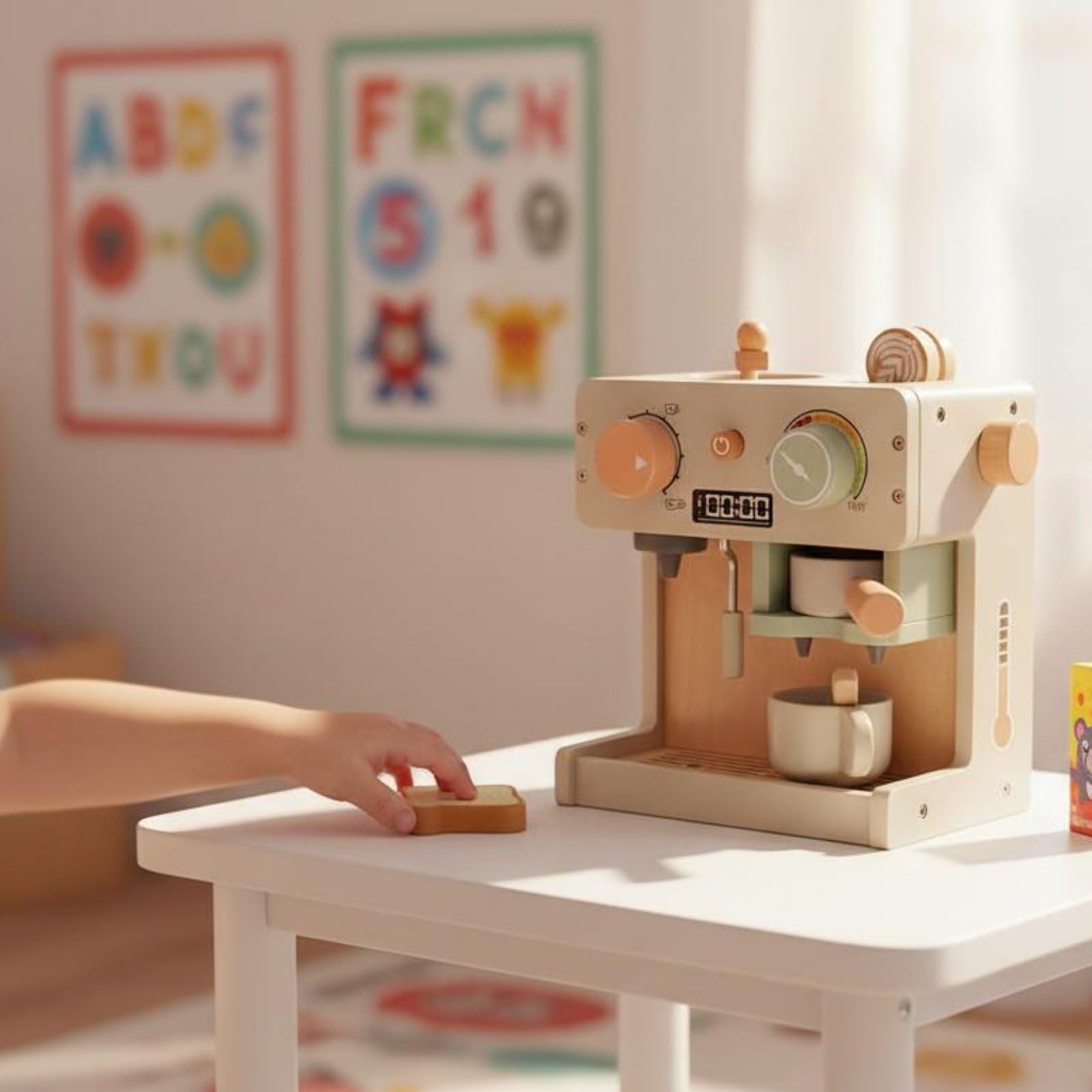 Cucina Giocattolo Bambini Macchina Del Caffè Giocattolo Set Caffetteria Finta Accessori in Legno con Tazze Cucchiaini Pannello Adatta per Gioco di Ruolo Cameretta Momenti Attività Educative