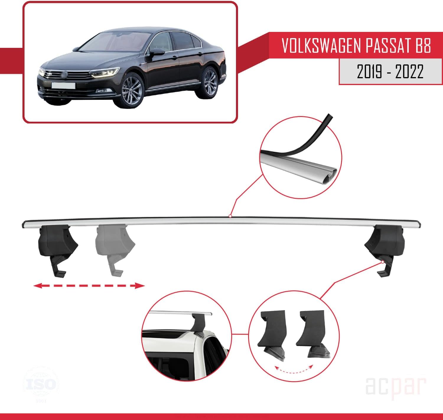 Compatible with Volkswagen Passat B8 (3G) Post-Facelift 2019-2022 ACE-4 Car Roof Rack Cross Bar Grey Aluminium 2 Bars