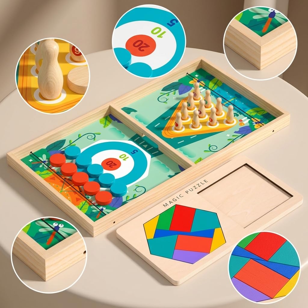 Holzbrettspiel, Geschicklichkeitsspiel für Kinder 3-12 Jahre, Familienspiel für 2 Spieler, Schnipp Chess Set & Zauber Puzzle
