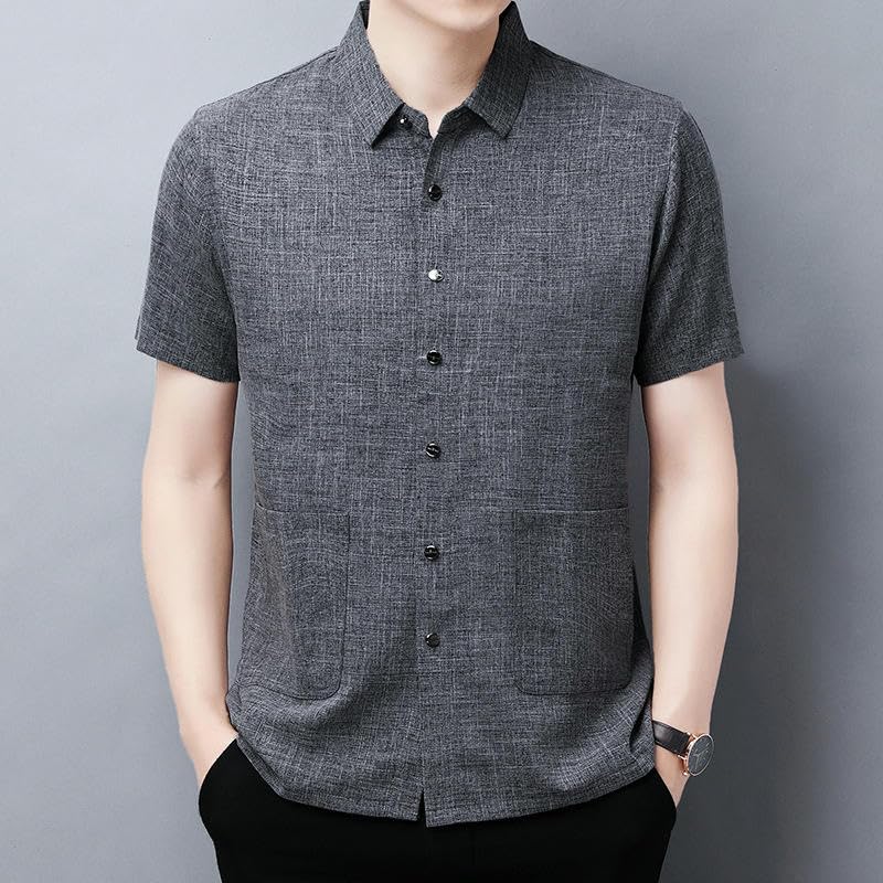 Chemise en coton et lin homme légère ample et décontractée multi-poches