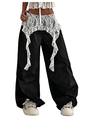 GORGLITTER Womens Y2k Baggy Wide Leg Pants Floral Lace Ruffle Zip Up Parachute Pants Oversized Vintage Trousers 2025