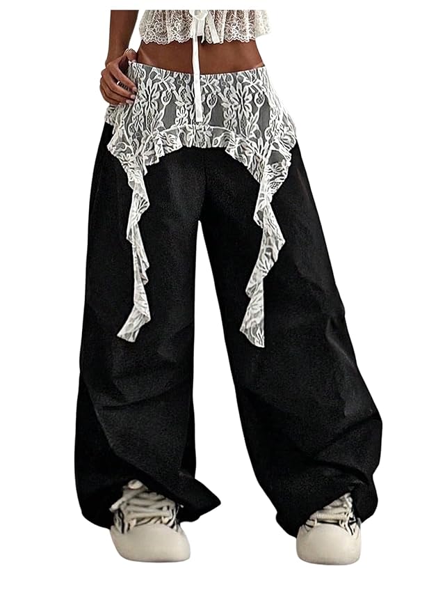 GORGLITTER Womens Y2k Baggy Wide Leg Pants Floral Lace Ruffle Zip Up Parachute Pants Oversized Vintage Trousers 2025