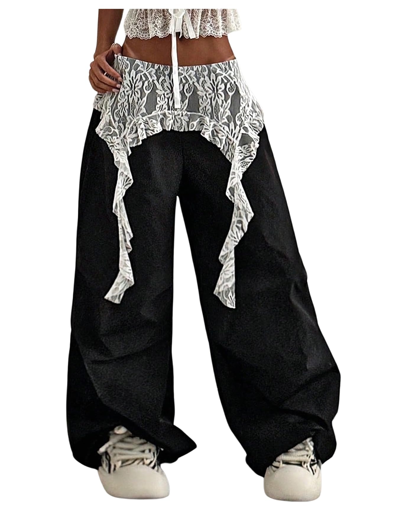 GORGLITTER Womens Y2k Baggy Wide Leg Pants Floral Lace Ruffle Zip Up Parachute Pants Oversized Vintage Trousers 2025