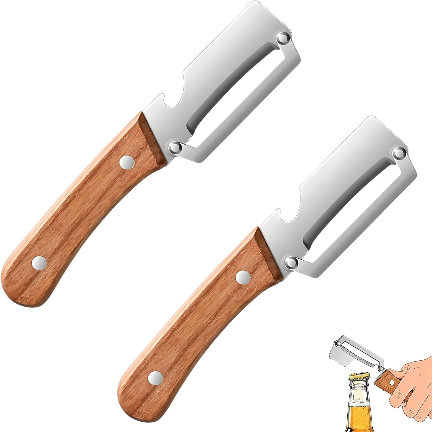 Photo 1 of 2 Pack Multifunctional Vegetable Peeler, 2-in-1 Kitchen Peeler with Bottle Opener, Wooden Handle & Stainless Steel Blade, for Potato, Carrot, Fruit, Pumpkin,sugar cane, Papaya & More