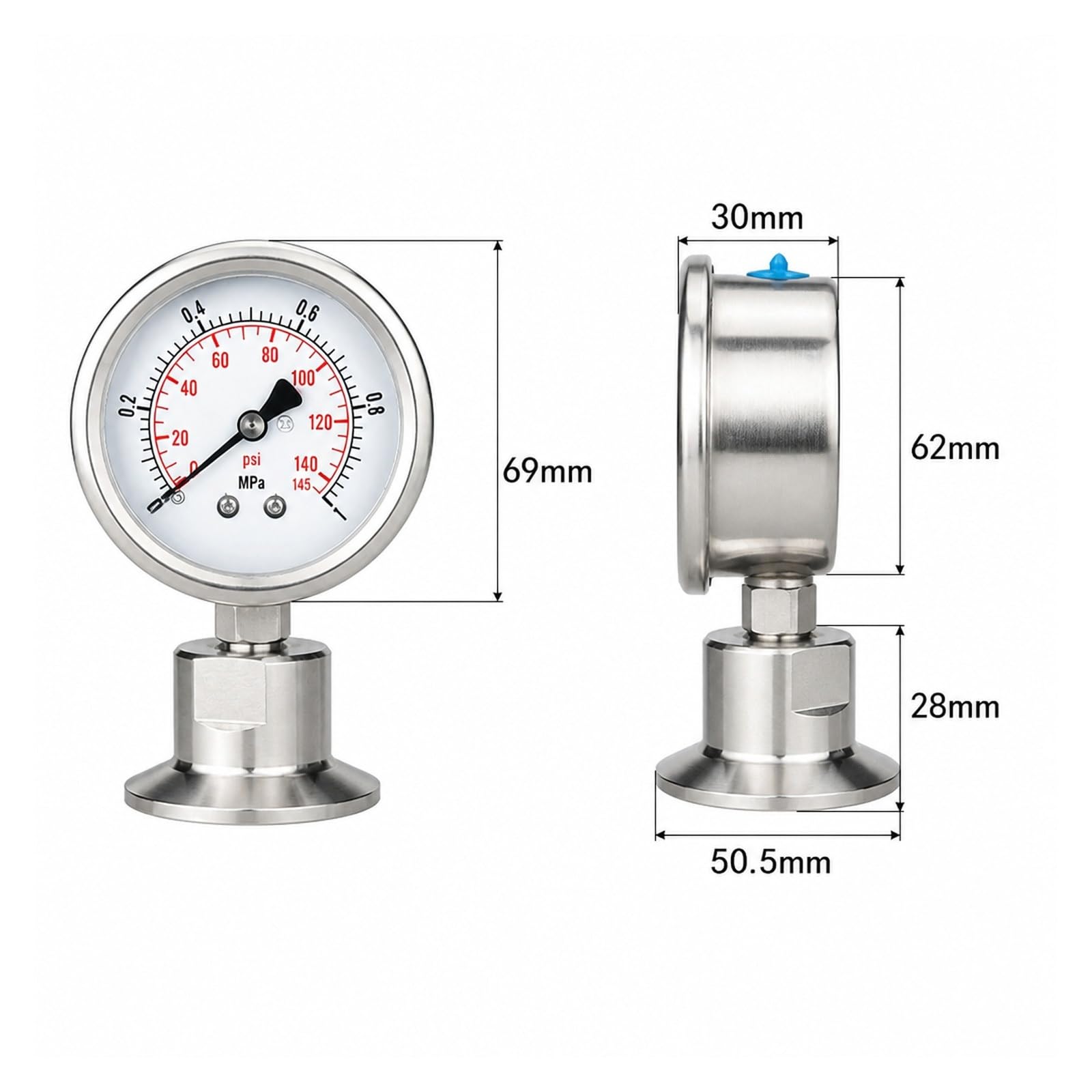 Ciśnieniomierz, Manometr Membranowy Ze Stali Nierdzewnej SS316L | TC50,5 Mm/64 Mm, Bar/psi, Psi/mpa, Korpus SS304, Model YTP60BF(TC64mm 0-6bar)