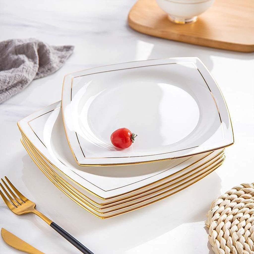 Zestaw Obiadowy Biały Ze Złotymi Wykończeniami, Ceramiczne Talerze Obiadowe, Zestaw Naczyń 8 Cali - Nowoczesna Rustykalna Zastawa Stołowa - Porcelanowe Naczynia Kuchenne, Nadające Się Do Mikrofalówki