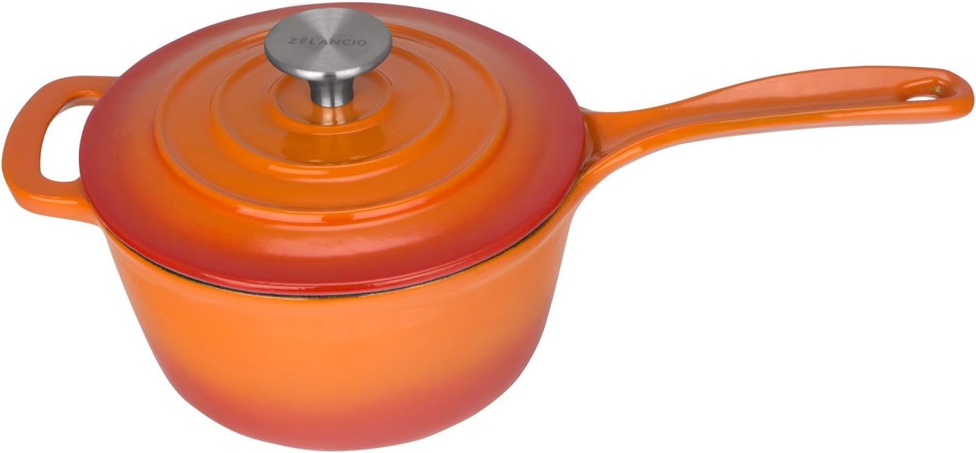 Zelancio 2.5 Quart Cast Iron Enamel Sauce Pan Pot Covered Sauce Pot (Tangerine Orange)