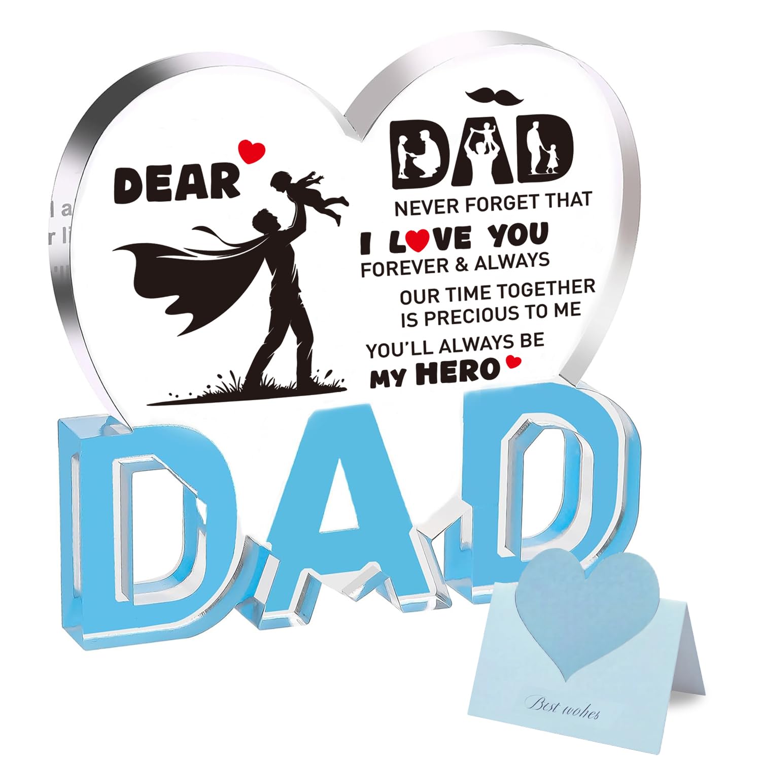 Fathers Day Dad Gifts from Daughter Son, Daddy Gifts Heart Acrylic Plaque Decoration with Notecard Fathers Day Birthday Christmas Meaningful Present for Dad Stepfather Men (You'll always be my hero)
