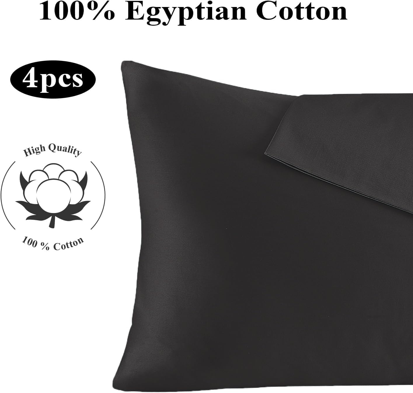 100% Egyptian Cotton King Pillow Protectors Set of 4, 400 Thread Count Sateen Weave Cooling Pillowcase, Easy Care Zippered Style Pillow Covers (4 Pack, Black, King)