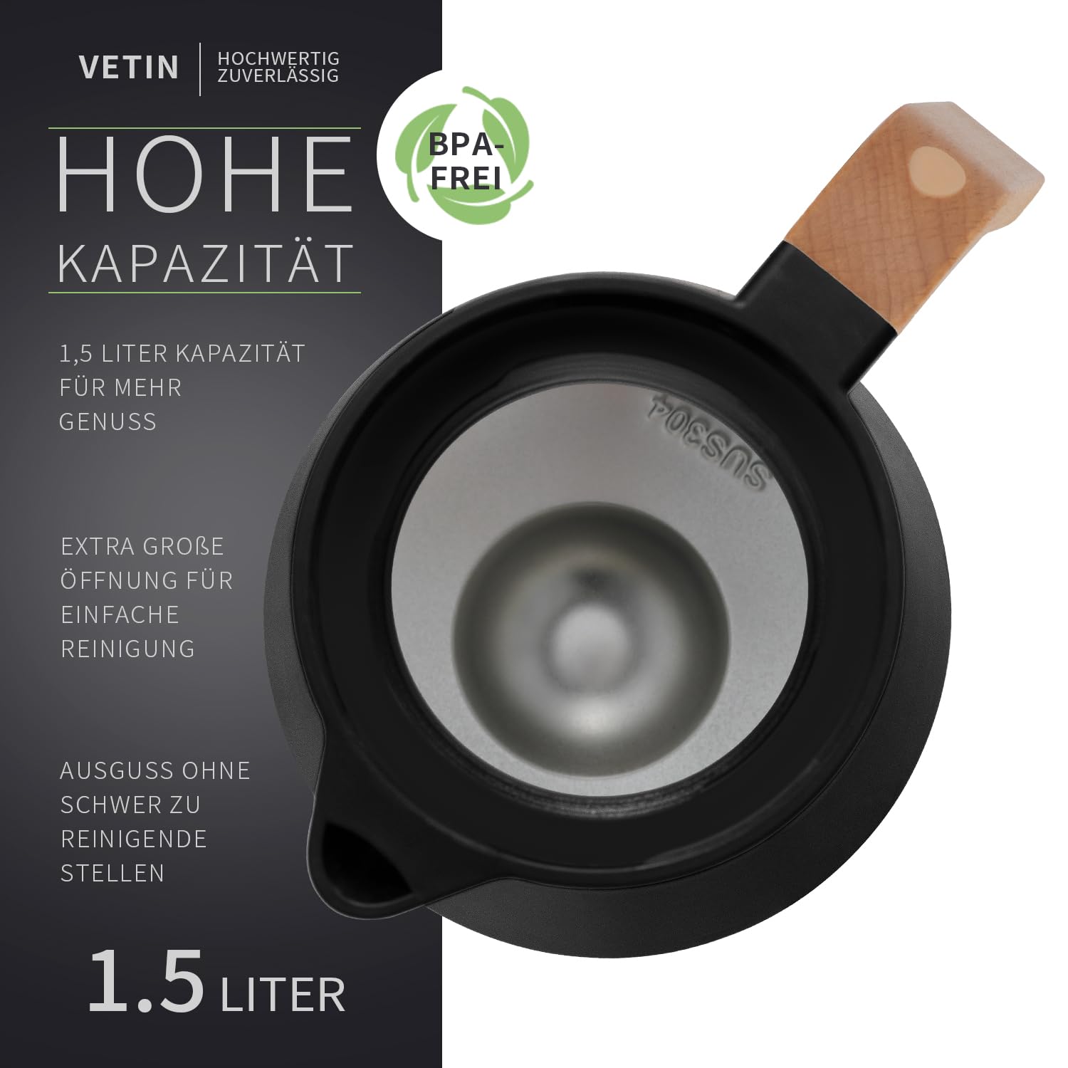 VETIN Termo con colador de té de 1,5 l de acero inoxidable 304, jarra térmica | A prueba de fugas, 10 h caliente y 16 h frío, para té, café y bebidas frías