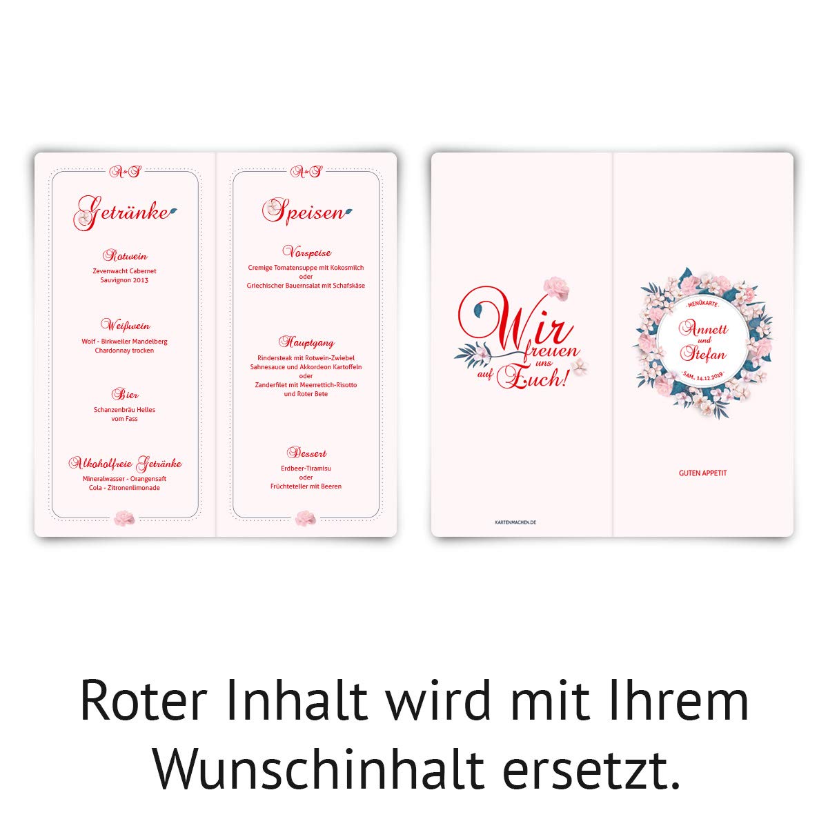 50 x Hochzeit Menükarten individuell Text DIN Lang Klappkarte - Blumenromantik