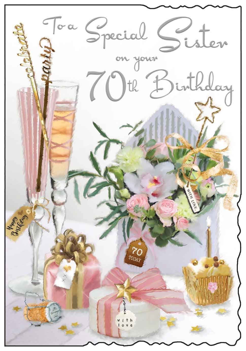Jonny Javelin Sister 70th Birthday Card - Champagne Flutes Flowers Foil 9x6.25
