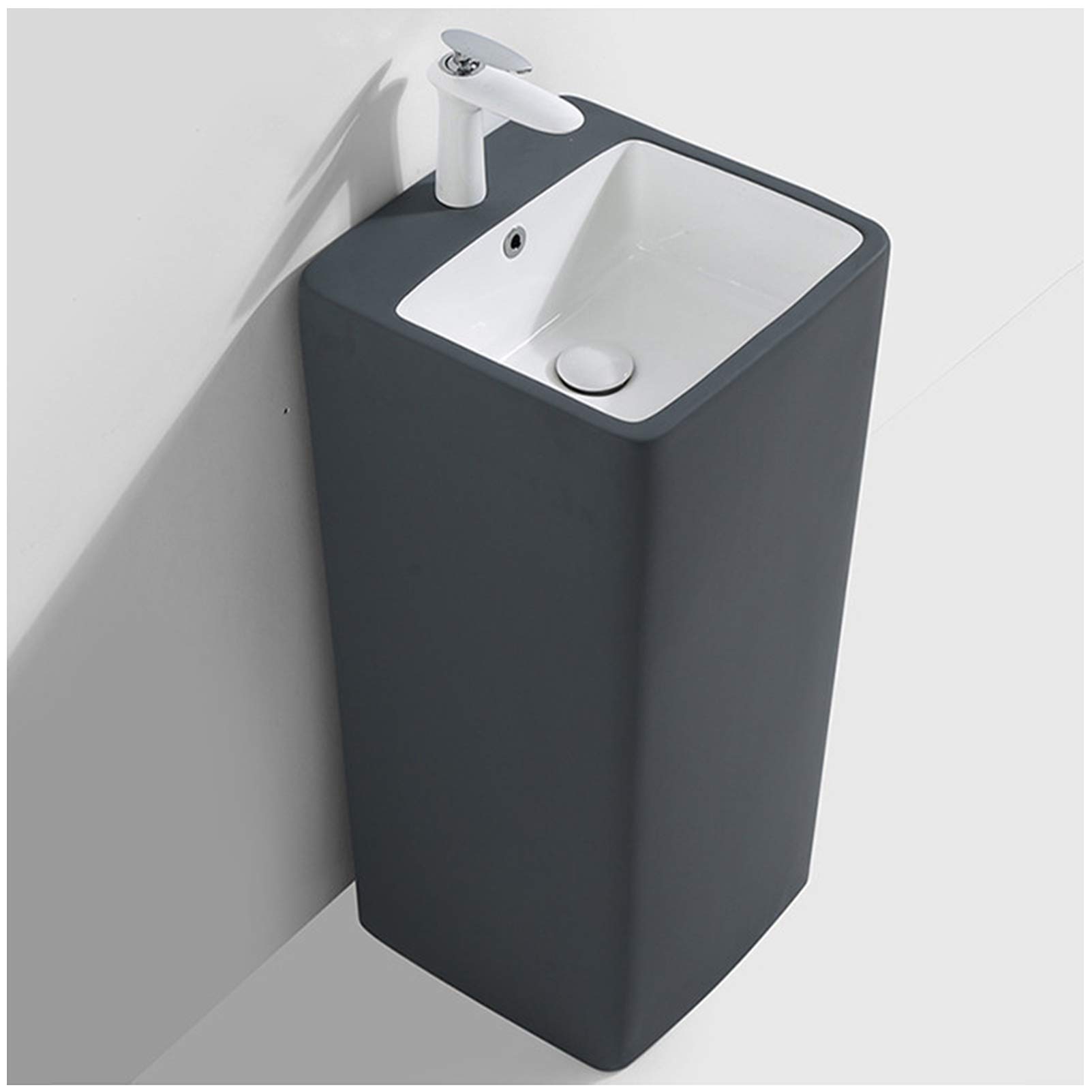 WDSOPK Ceramic Pedestal Bathroom Sink, Modern Siamese Sink Vessel with Overflow Drain for Bathroom, Balcony, Dining Room,Black,C, Gray (Gray B)