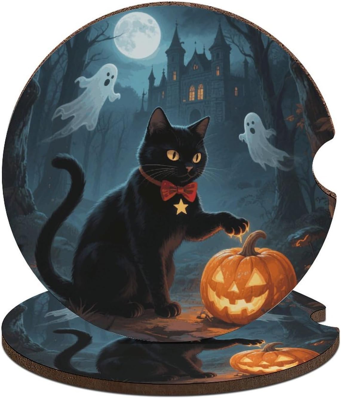 Halloween Cat Car Coaster with Cork Base & Finger Slot 2PCS