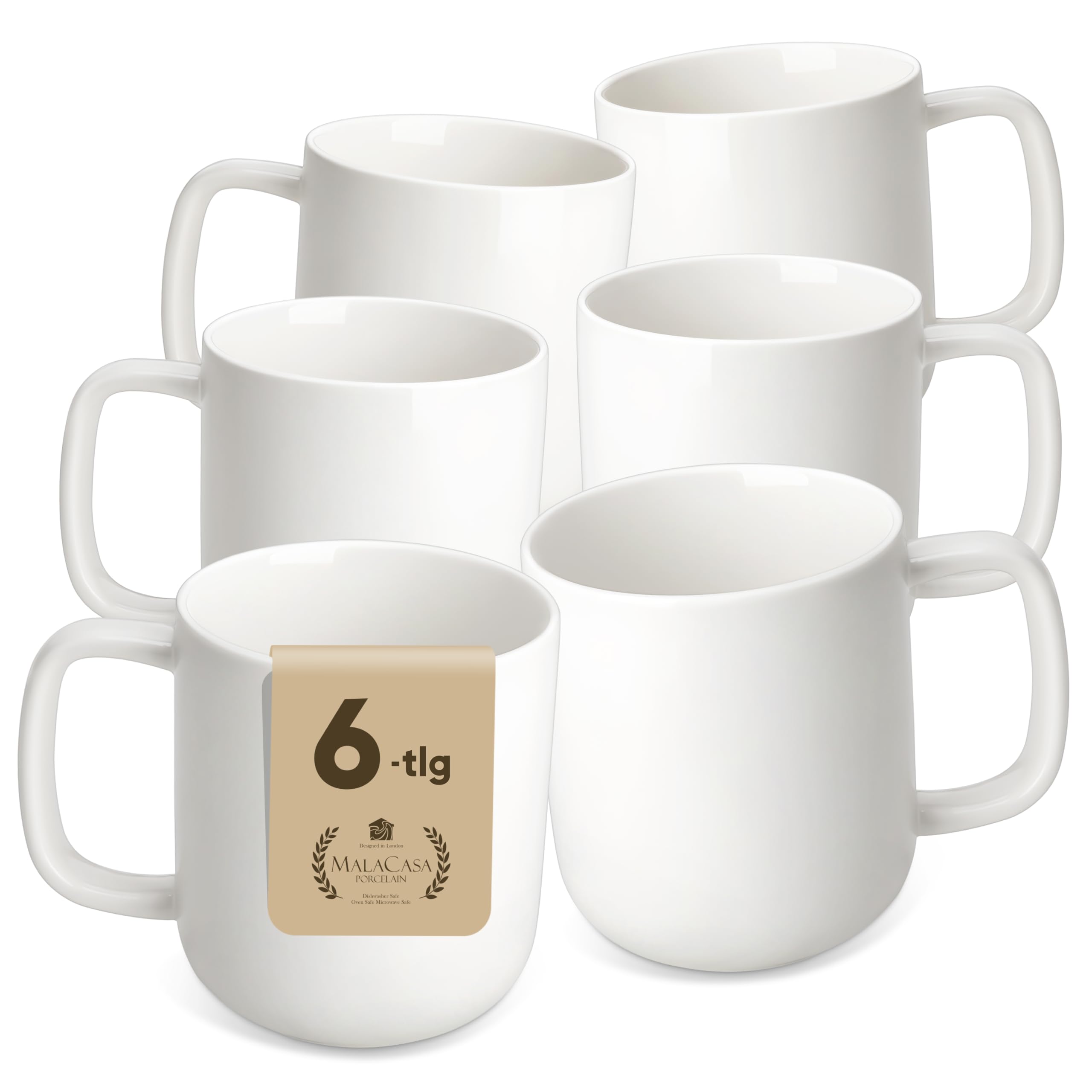 MALACASA Kaffeebecher 6er Set, Porzellan 300ML Becher Set, Moderne Kaffeetassen für Tee, Saft, Latte, Cappuccino, Kakao. Spülmaschinen- und mikrowellenfest, Serie LUNA Weiß