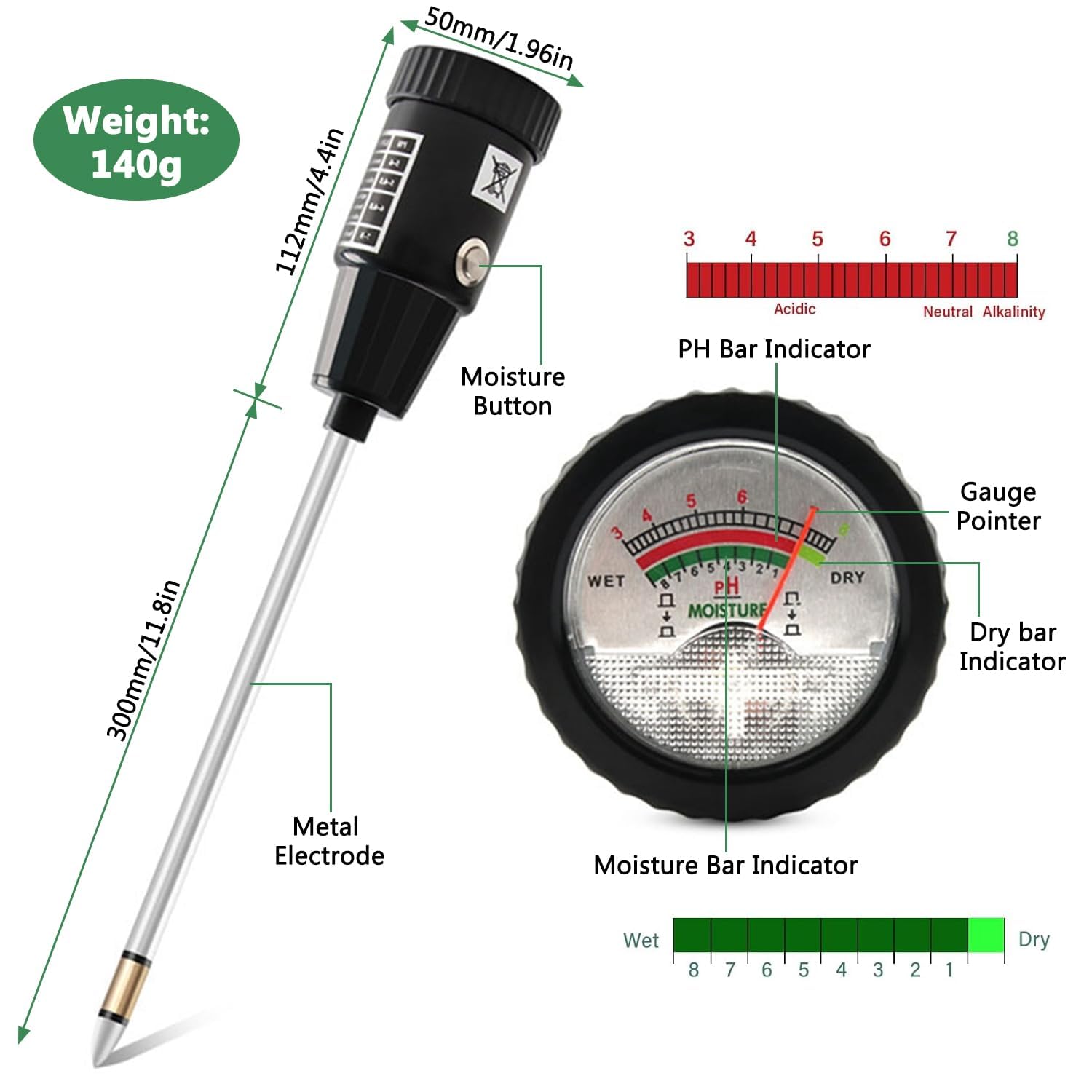 Medidor de pH del suelo 2 en 1, medidor de humedad del suelo, probador de pH del suelo, kit de prueba de suelo, herramienta de jardinería para plantas de interior y exterior, jardín, césped, granja,