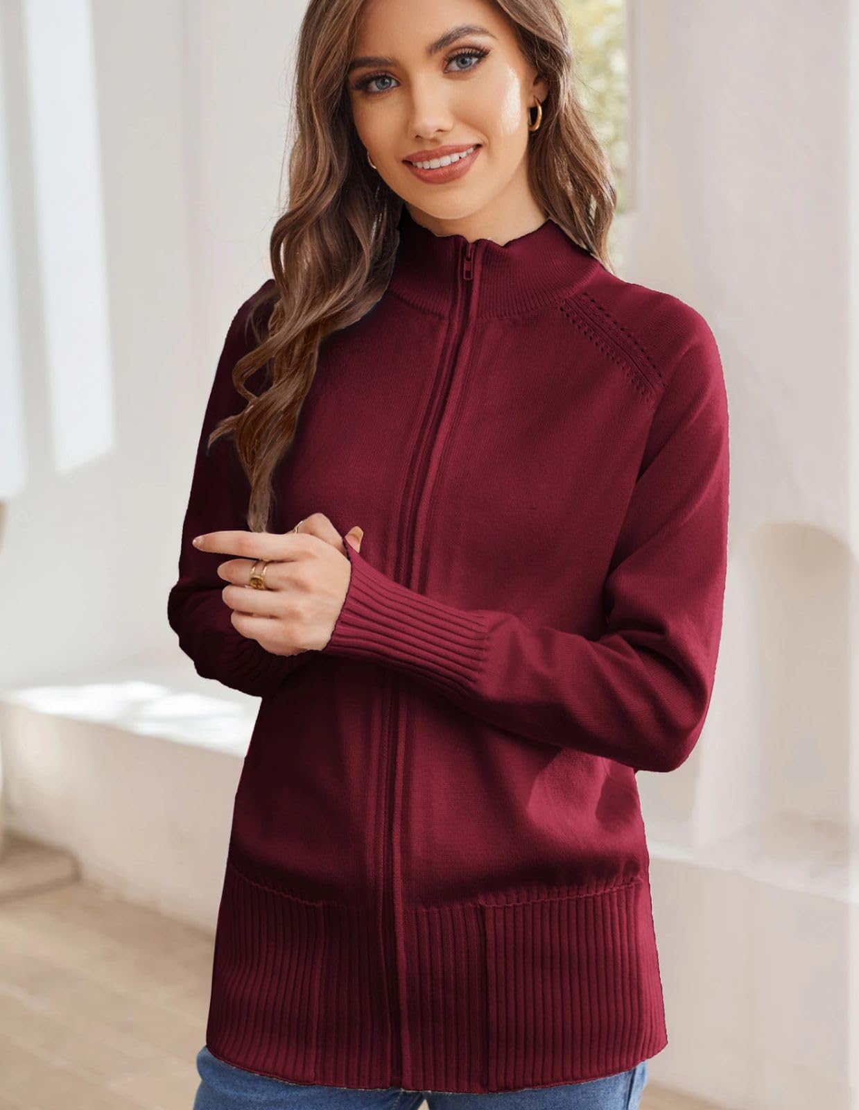 GRACE KARIN Cardigan da donna a maniche lunghe con cerniera e tasche, colletto alla coreana, con cerniera intera, giacche autunnali alla moda