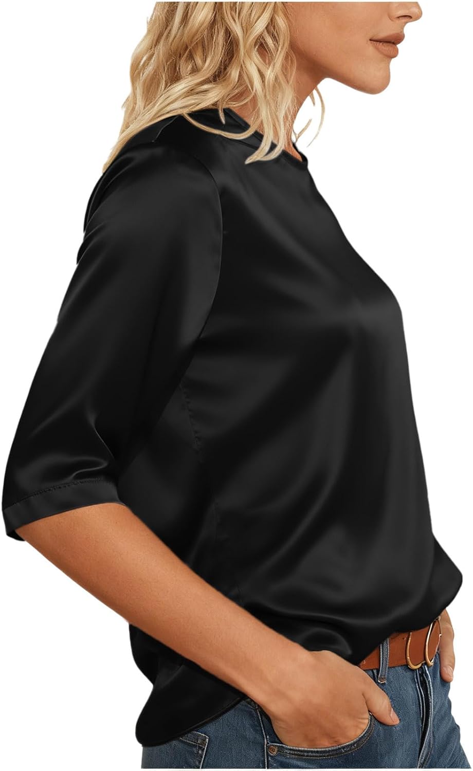Blouses for Women Dressy Casual 3/4 Sleeve Shirts Satin Blouse Business Office Pullover Shirt Crewneck T-Shirt Tops - Image 3