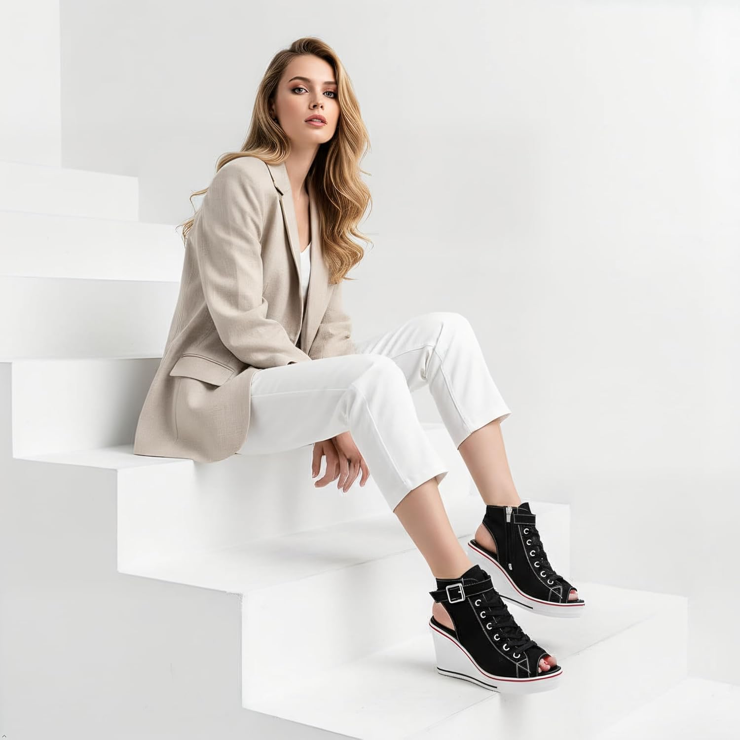 OCHENTA Women's Peep Toe Wedge Sneakers Canvas Platform Shoes Side Zipper Lace up Buckle Fashion Sneakers Walking Shoes - Image 2