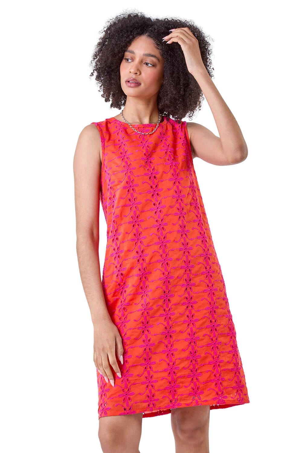 Roman Women's Orange Floral Embroidered Cotton Shift Dress Size 20