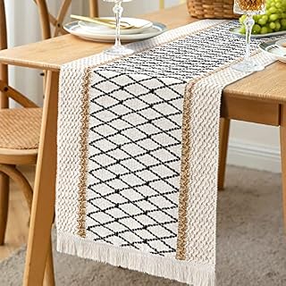 LOMOHOO Macrame Table Runner,Cream Beige Boho Table Runner with Tassels,Hand Woven Cotton and Burlap Splicing Table Runner,Rustic Farmhouse Table Runner for Bohemian,Kitchen Dining Table