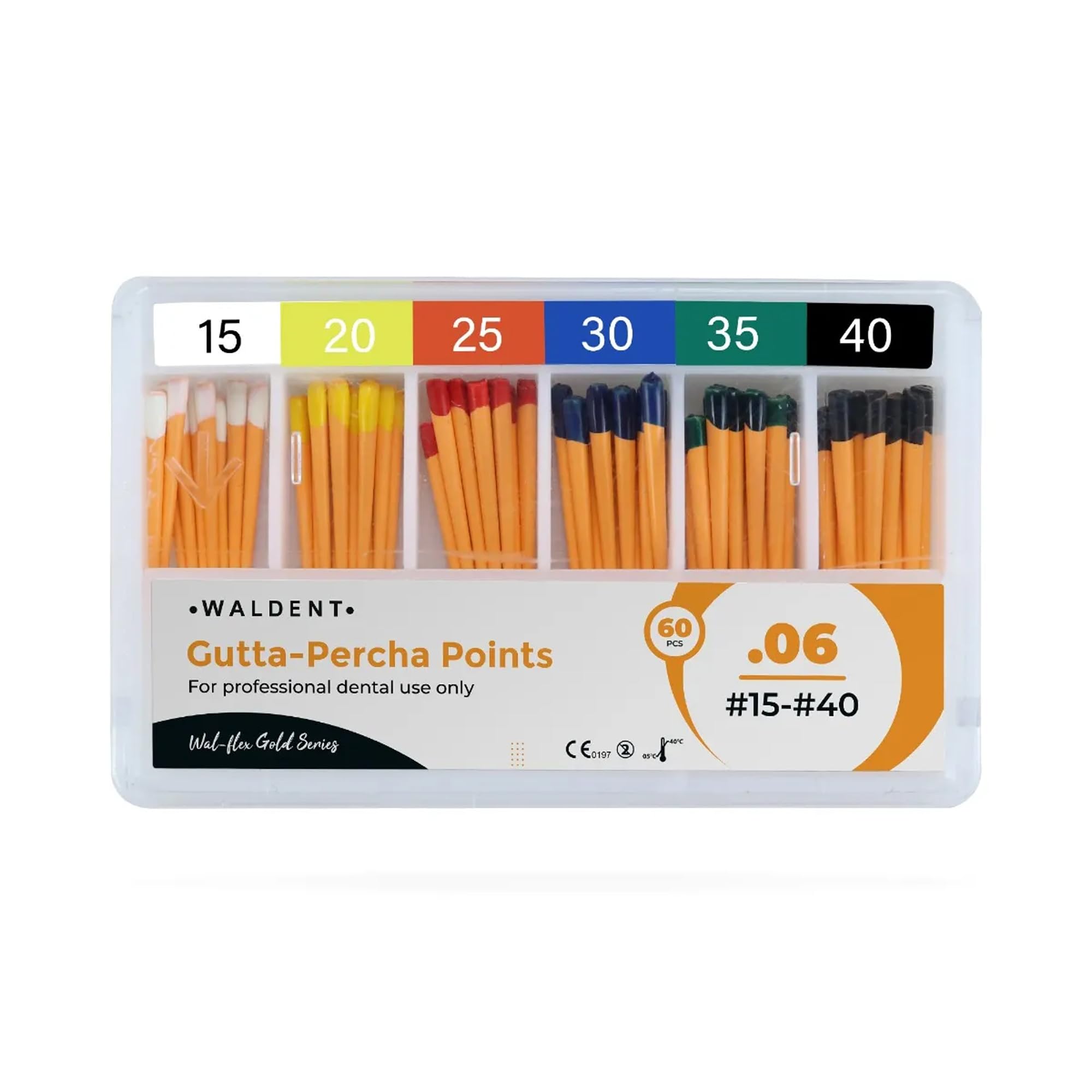 Waldent Gutta Percha Points 6% #15-40 | Assorted Sizes | Length Marked | Root Canal Filling Material | Sterile & Radiopaque | Endodontic Dental Supplies | Precision Tapered Points | Pack of 120-image-44
