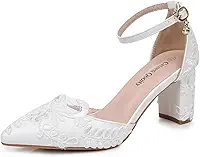 Sapato feminino de salto com bico fino, renda branca bordada, tira no tornozelo, sapatos de casamento, Branco, 38