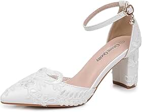 Sapato feminino de salto com bico fino, renda branca bordada, tira no tornozelo, sapatos de casamento, Branco, 38