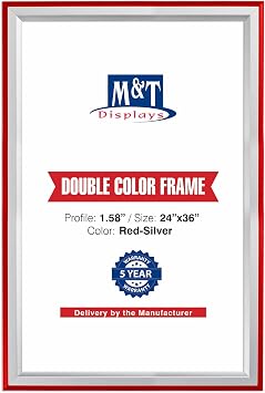 M&T Displays Premium 24x36 Double Color Snap Poster Frame | Red & Silver Aluminum, Front Loading, Wall Mounted Picture & Sign Holder with Anti-Glare Cover | Quick Change Display for Ads, Certificate