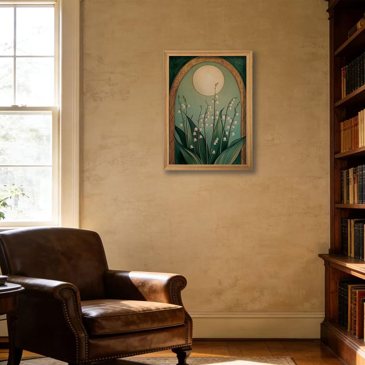 Framed Vintage Floral and Moon Wall Art Emerald Green Lily of the Valley Painting Canvas Prints Elegant Botanical Poster Picture Dark Moody Flowers Spiritual Artwork for Living Room Bedroom Office