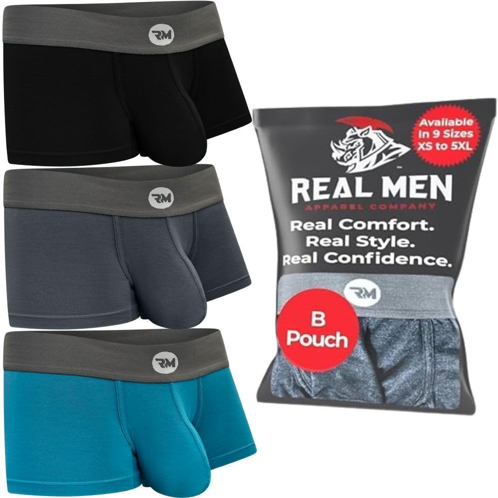 Real Men Bulge Enhancing Underwear for Men – 1 or 3 Pack Set - Modal Boxer Briefs ABCD Pouch, B Pouch 3 Inch - Black, Blue, Grey, L