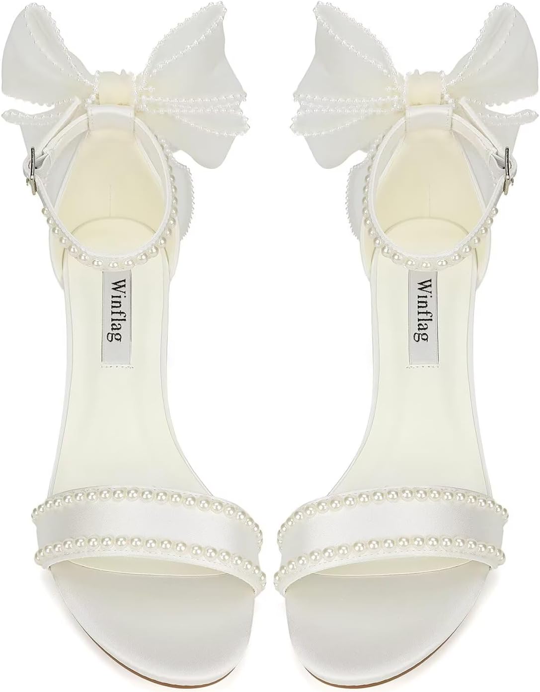 Bow Heels Pearl Wedding Shoes for Bride Low Block Heel Wedding Sandals Open Toe Bridal Shoes - Image 2