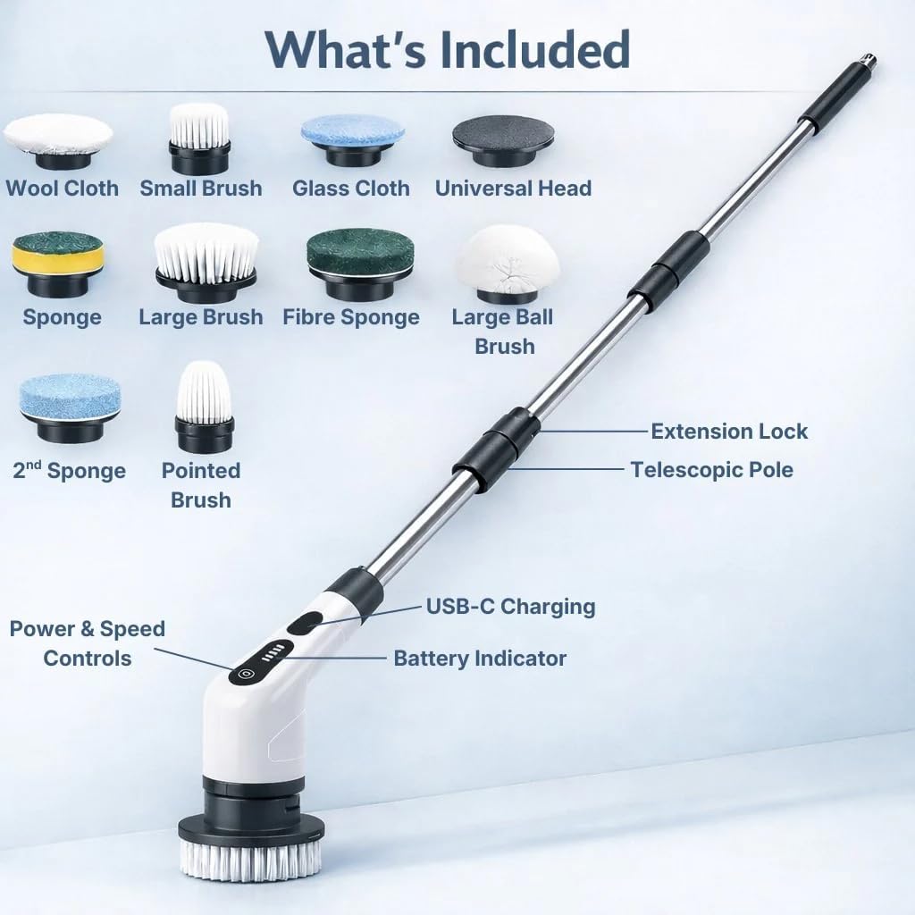 Sumoria Scrubber, Electric Spin Scrubber 400 RPM, Cordless Power Scrubber with 8 Replaceable Brushs, Waterproof Ipx7 for Bathtub, Kitchen, Window (1 Set)