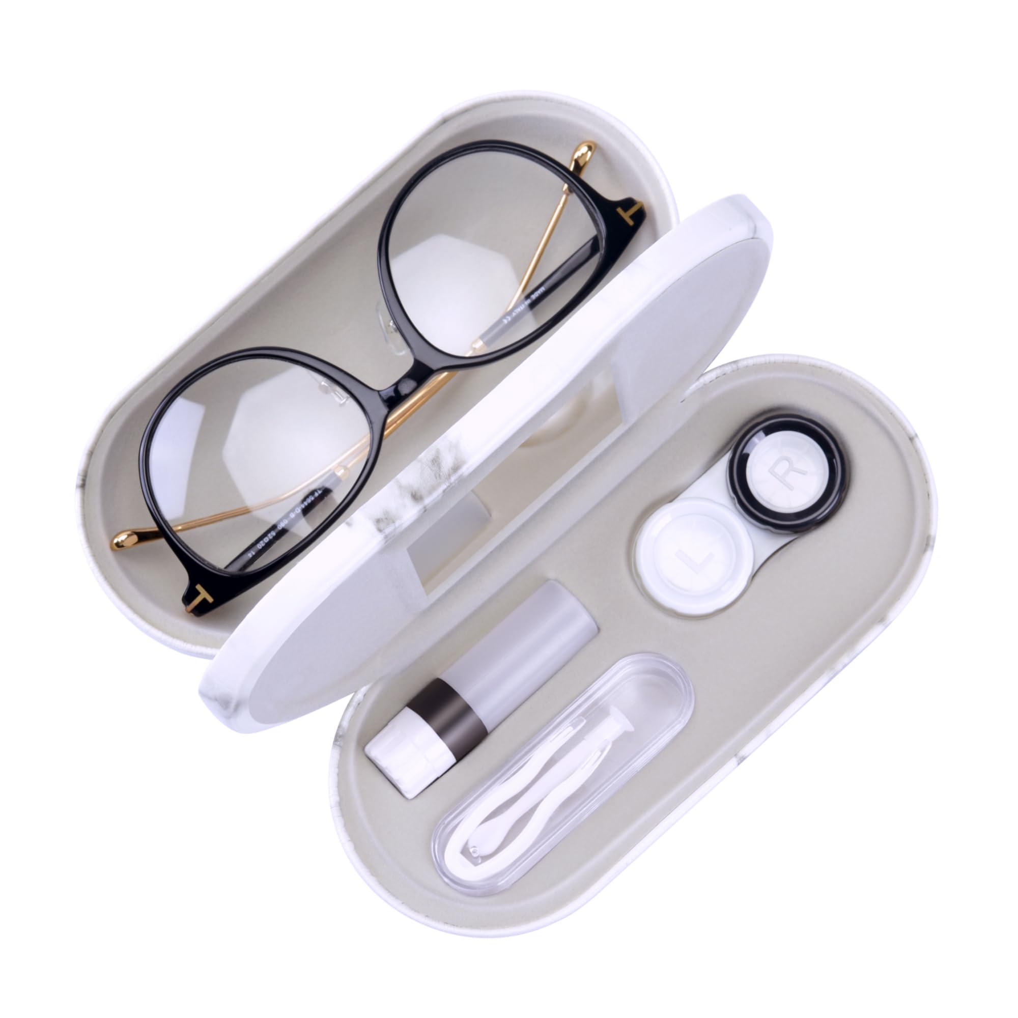 Muf 2 in 1 Contact Lens Case and Glasses Case, Double Sided Design with Mirror, Portable Travel Kit with Tweezer, Remover and Solution Bottle, Black &