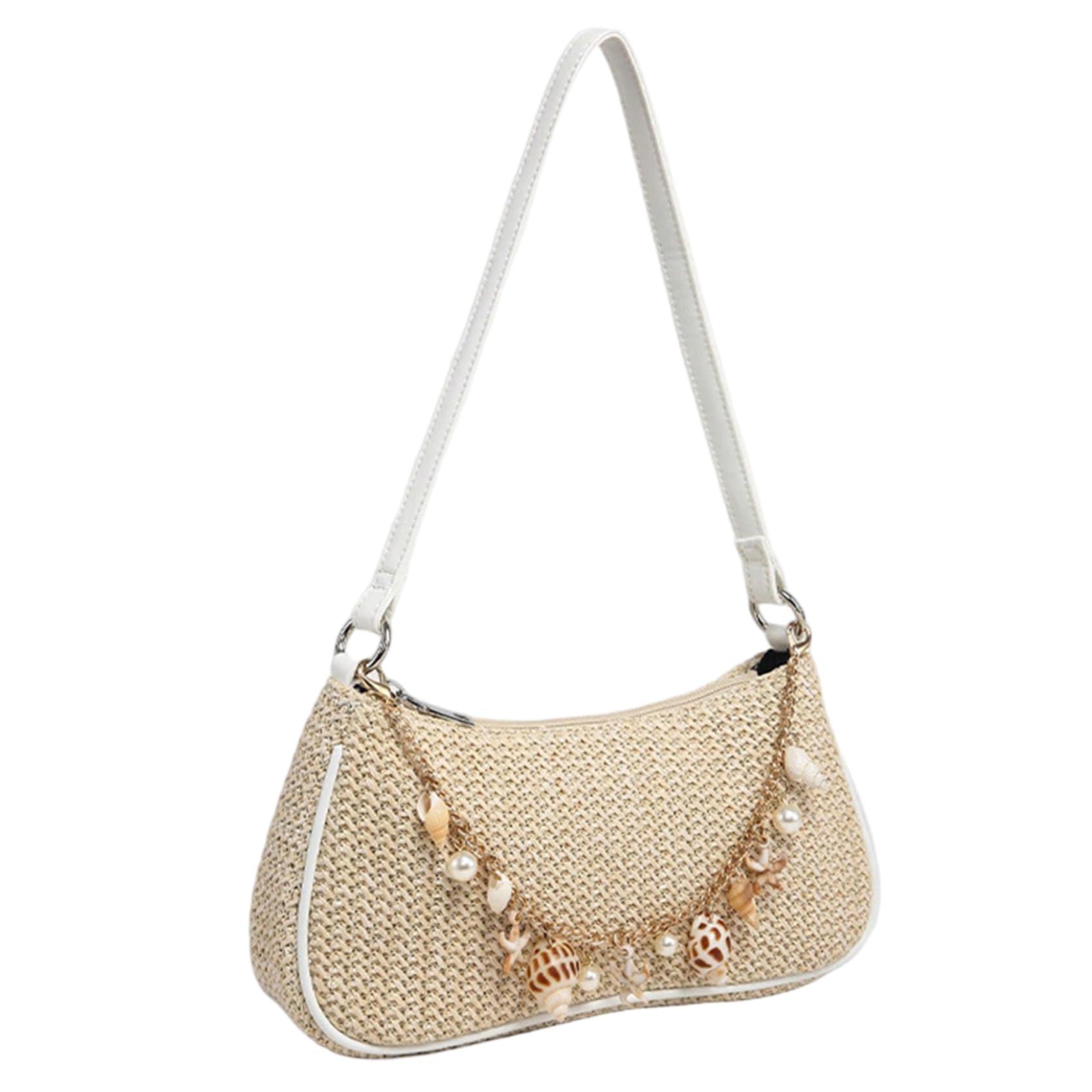 Bemonew Beach Purse Seashell Purse for Women Beach Bag with Pearl and Straw Accents Soft PU Underarm Shoulder Bag Lightweight and Roomy Daily